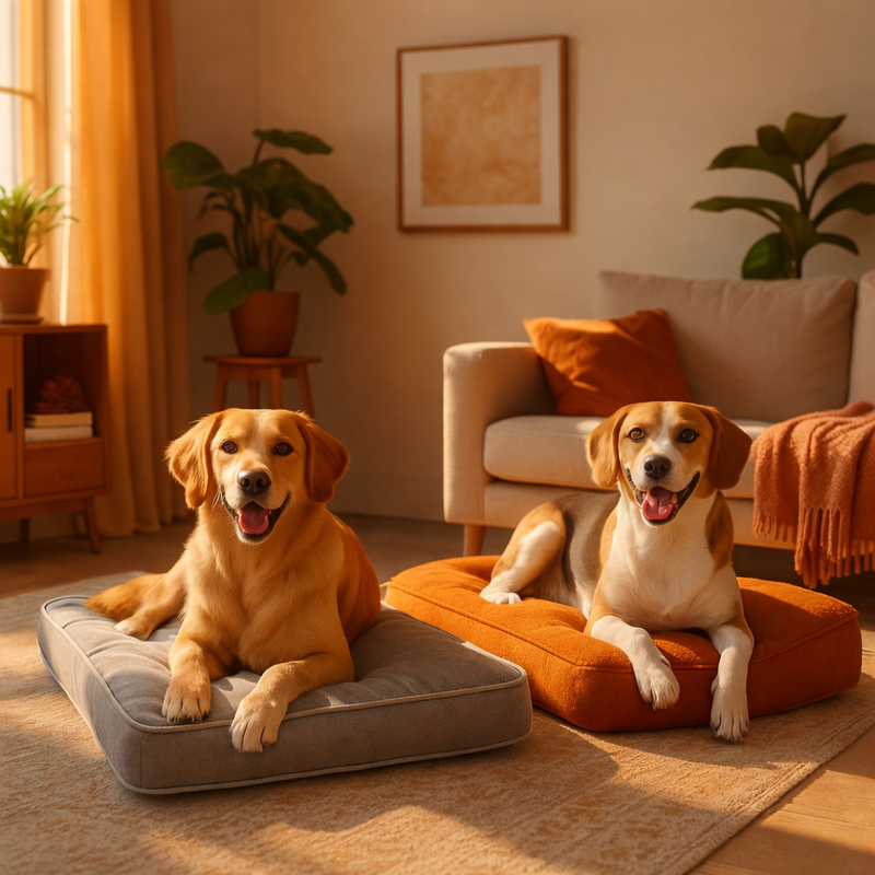 Deux chiens posés sur des couchages orthopédiques offrant maintien et confort.