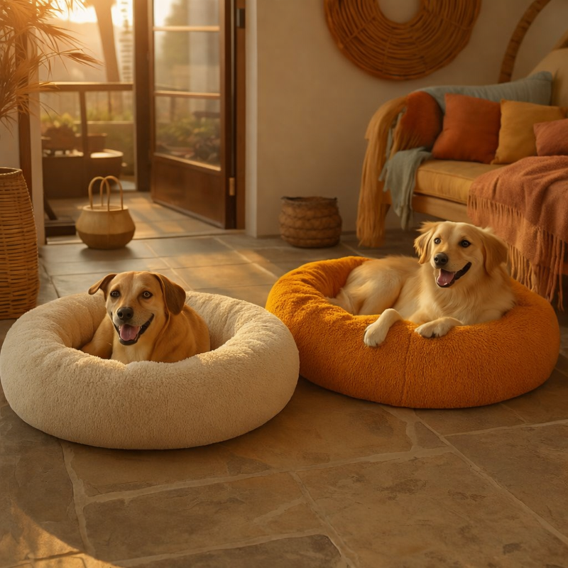 Deux chiens détendus installés dans des paniers donuts douillets.