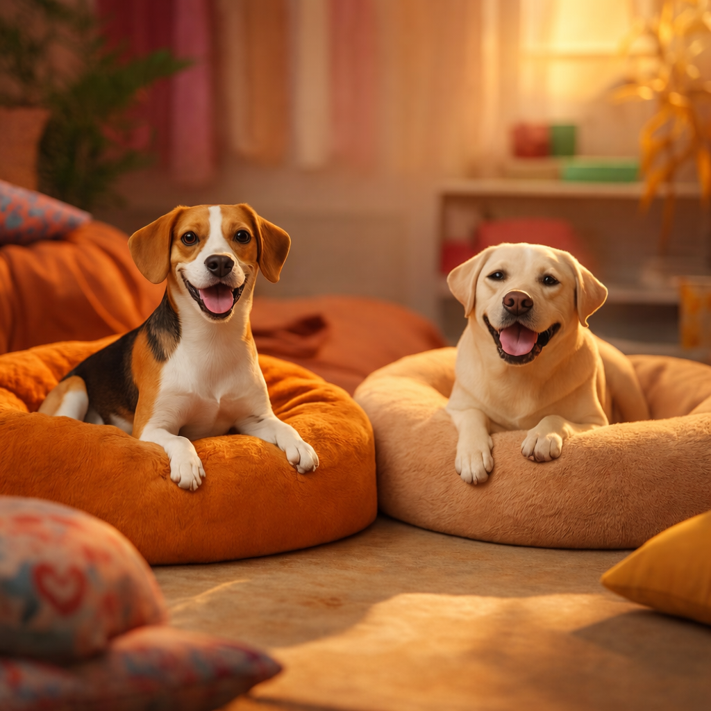 Deux chiens reposent dans des couchages moelleux dans un salon chaleureux.