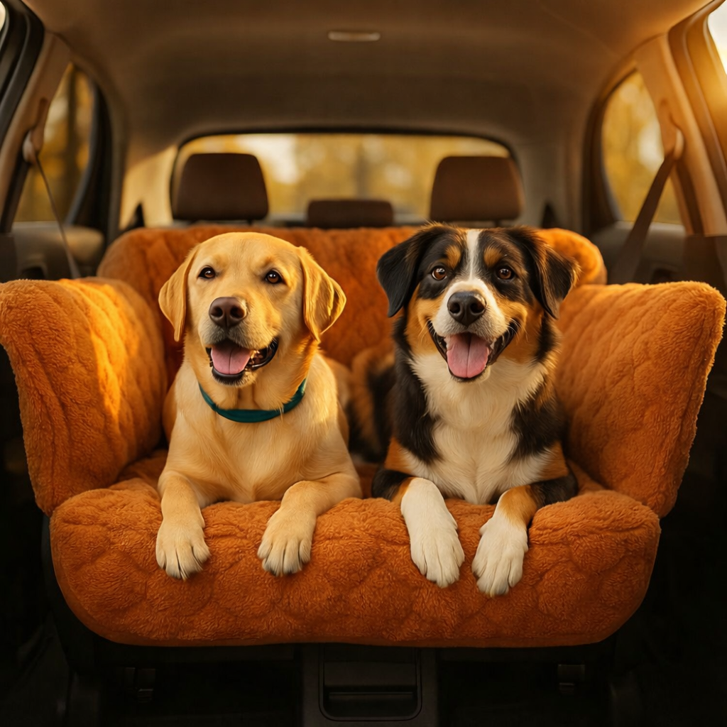 Deux chiens près d’accessoires dédiés au transport et à la mobilité.