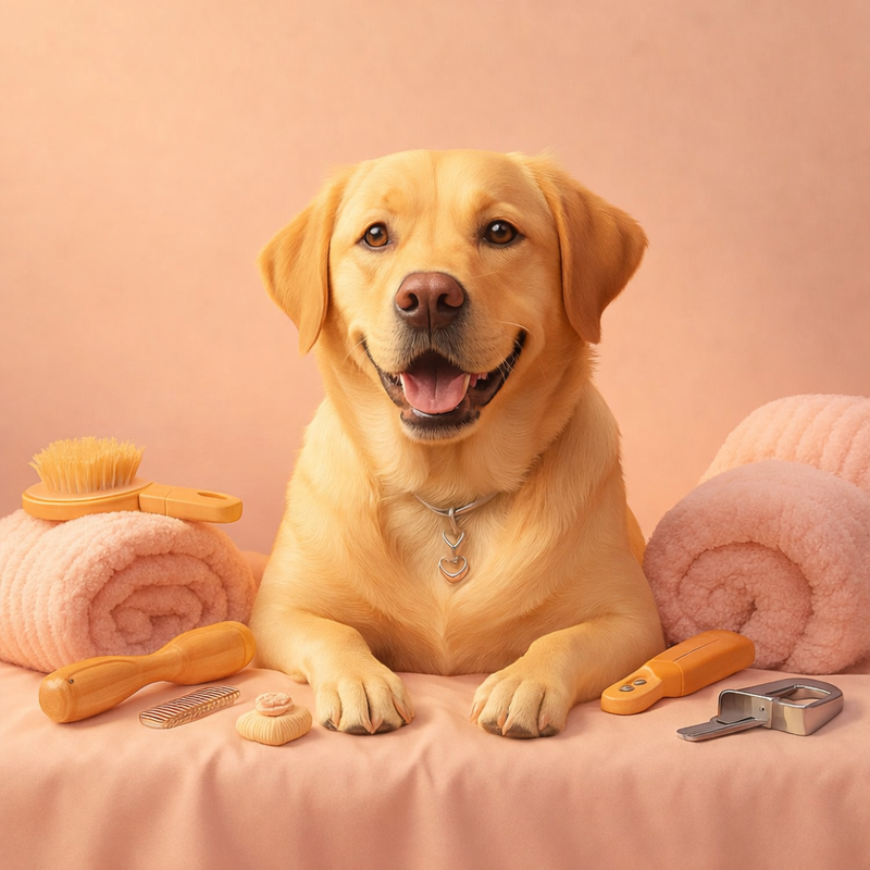 Deux chiens entourés d’accessoires d’hygiène et de soins essentiels.
