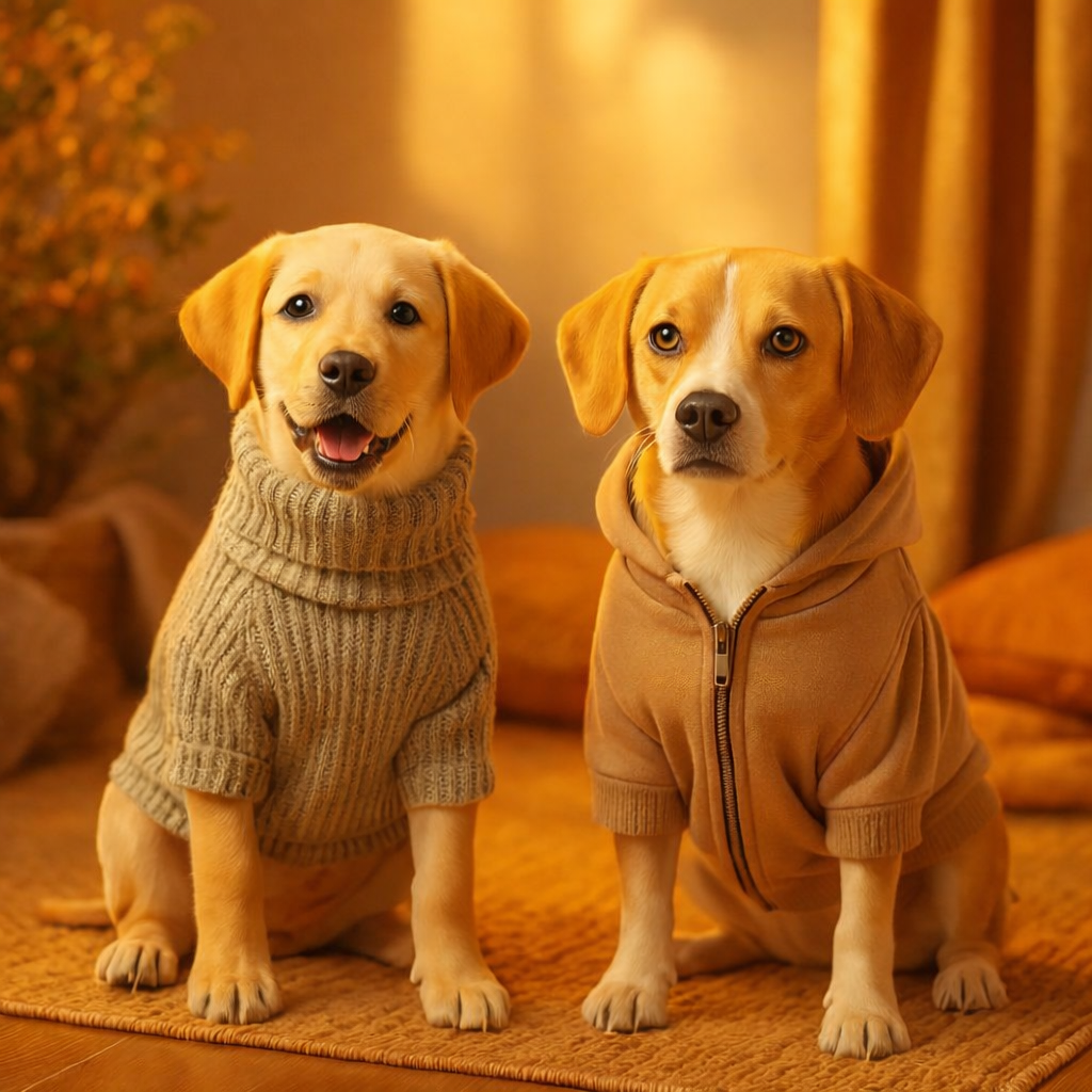 Deux chiens portant des habits et protections adaptés aux sorties.