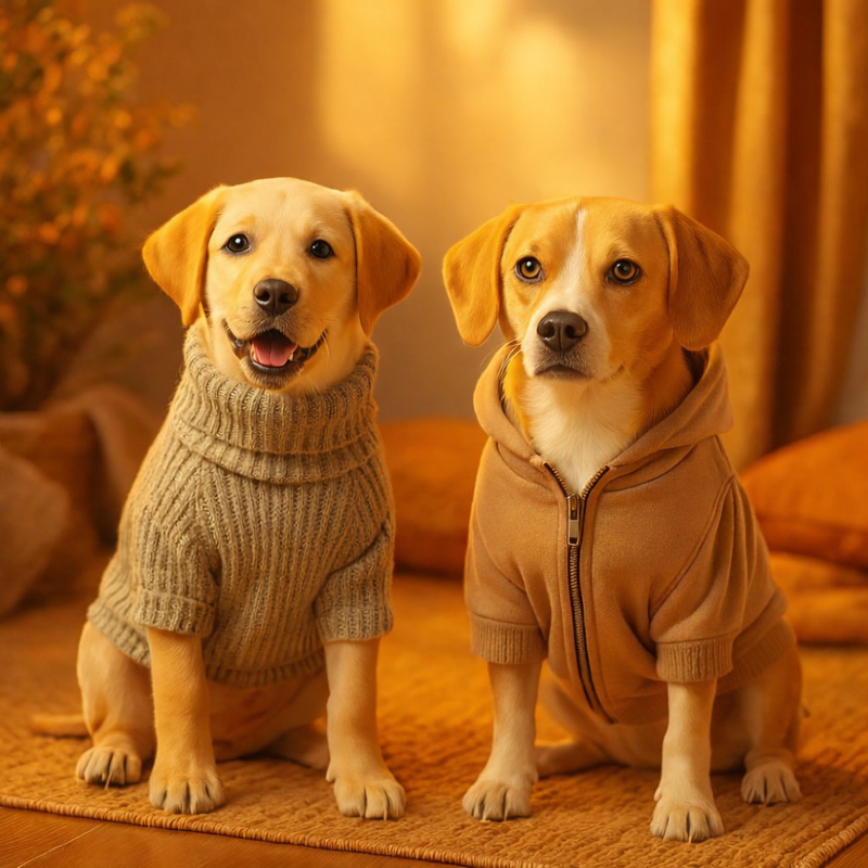 Deux chiens portant des habits et protections adaptés aux sorties.