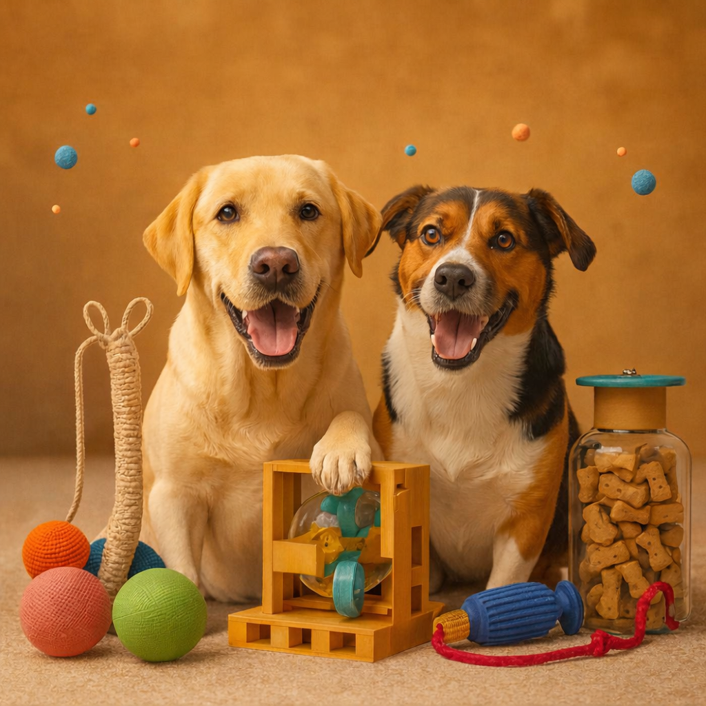 Deux chiens jouant avec des jouets interactifs dans un environnement chaleureux.