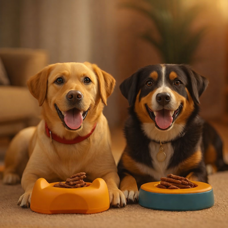 Deux chiens utilisant des jouets d’occupation pour se divertir calmement.