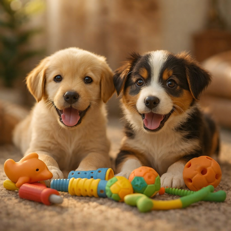 Deux chiens explorant des jouets éducatifs dans un décor cosy.