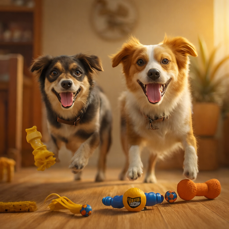 Deux chiens s’amusant avec des jouets résistants dans un cadre lumineux.