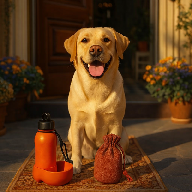 Deux chiens à côté de gourdes et sacoches pratiques pour les sorties.