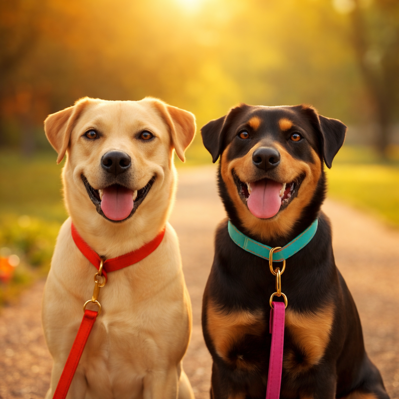 Deux chiens tenus par des laisses solides dans un décor doux et lumineux.
