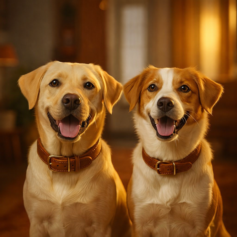 Deux chiens présentant différents colliers dans un intérieur cosy.