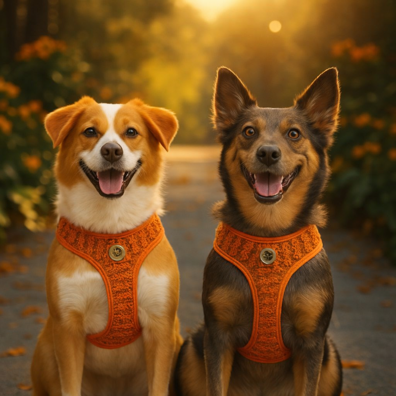Deux chiens portant des harnais ergonomiques dans une ambiance chaleureuse.