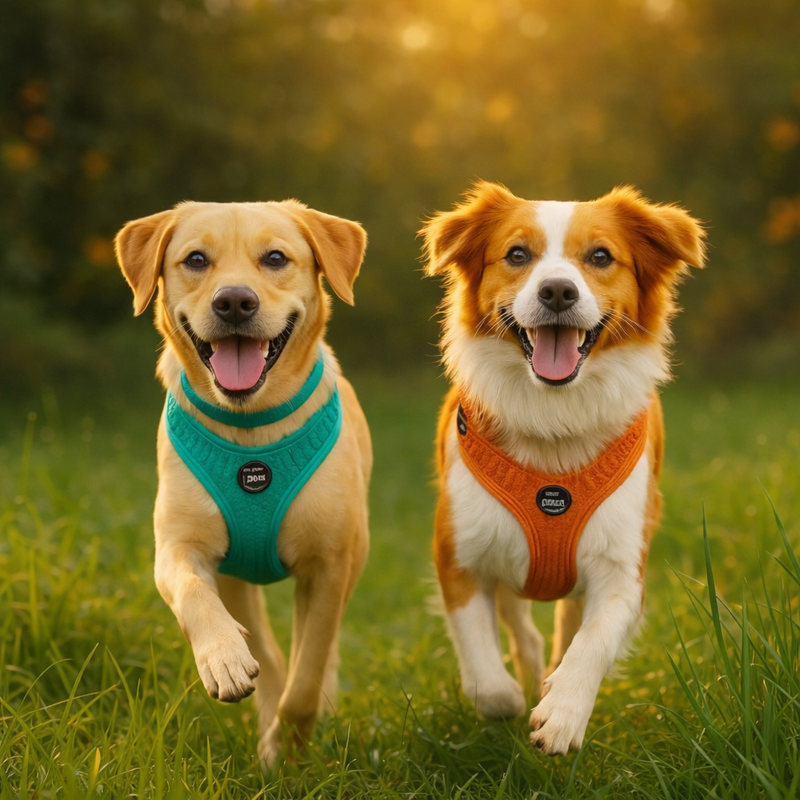 Deux chiens équipés d’accessoires extérieurs dans un décor lumineux.