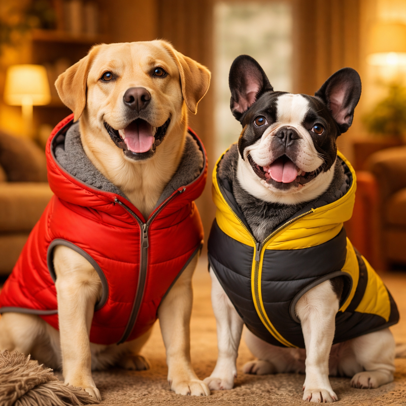 Deux chiens assis côte à côte portant des manteaux d’hiver matelassés, l’un rouge et l’autre jaune, dans un intérieur chaleureux