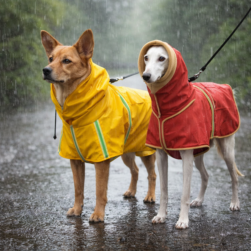 Deux chiens portant des manteaux imperméables pour chien, conçus pour protéger de la pluie et de l’humidité lors des sorties extérieures