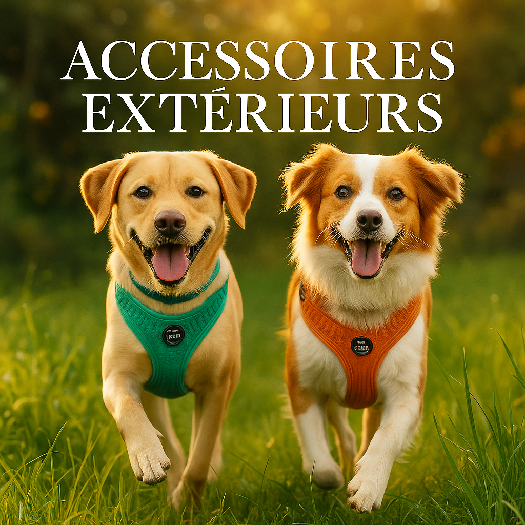 Accessoires extérieurs pour chien : harnais, laisse et collier dans un décor chaleureux.