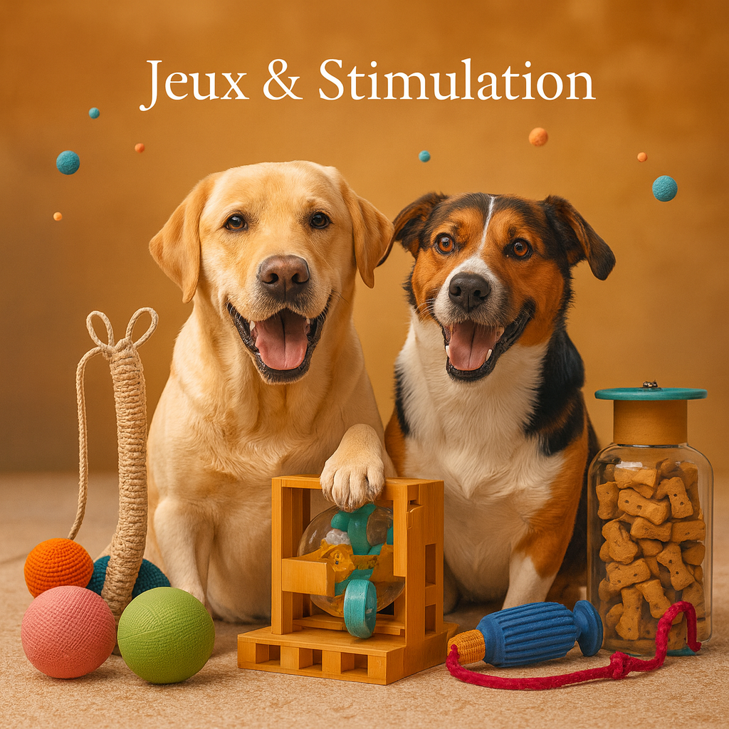 Jouets et jeux de stimulation pour chien dans un décor chaleureux.