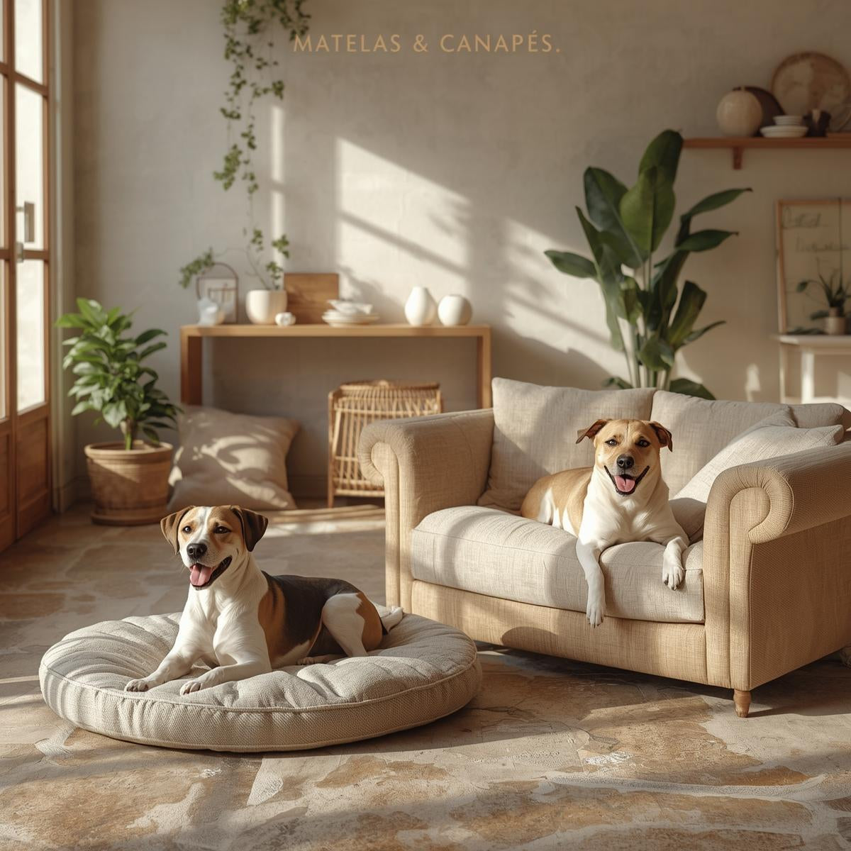 Matelas et canapé pour chien dans une ambiance chaleureuse.