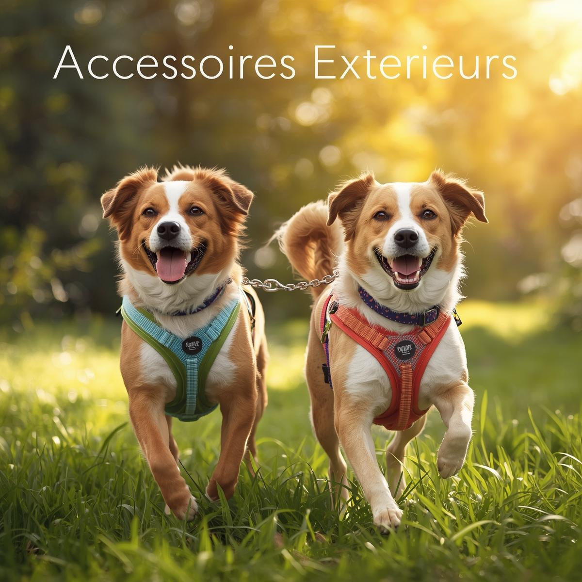Accessoires extérieurs pour chien : harnais, laisse et collier dans un décor chaleureux.