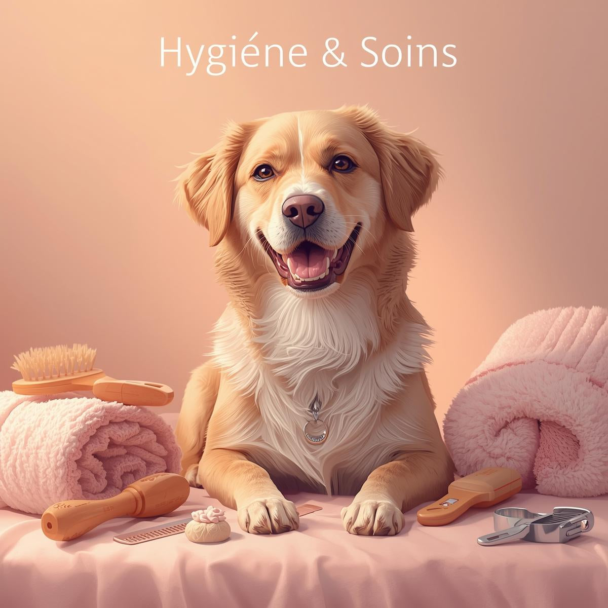 Accessoires d’hygiène et de soins pour chien dans un décor chaleureux.