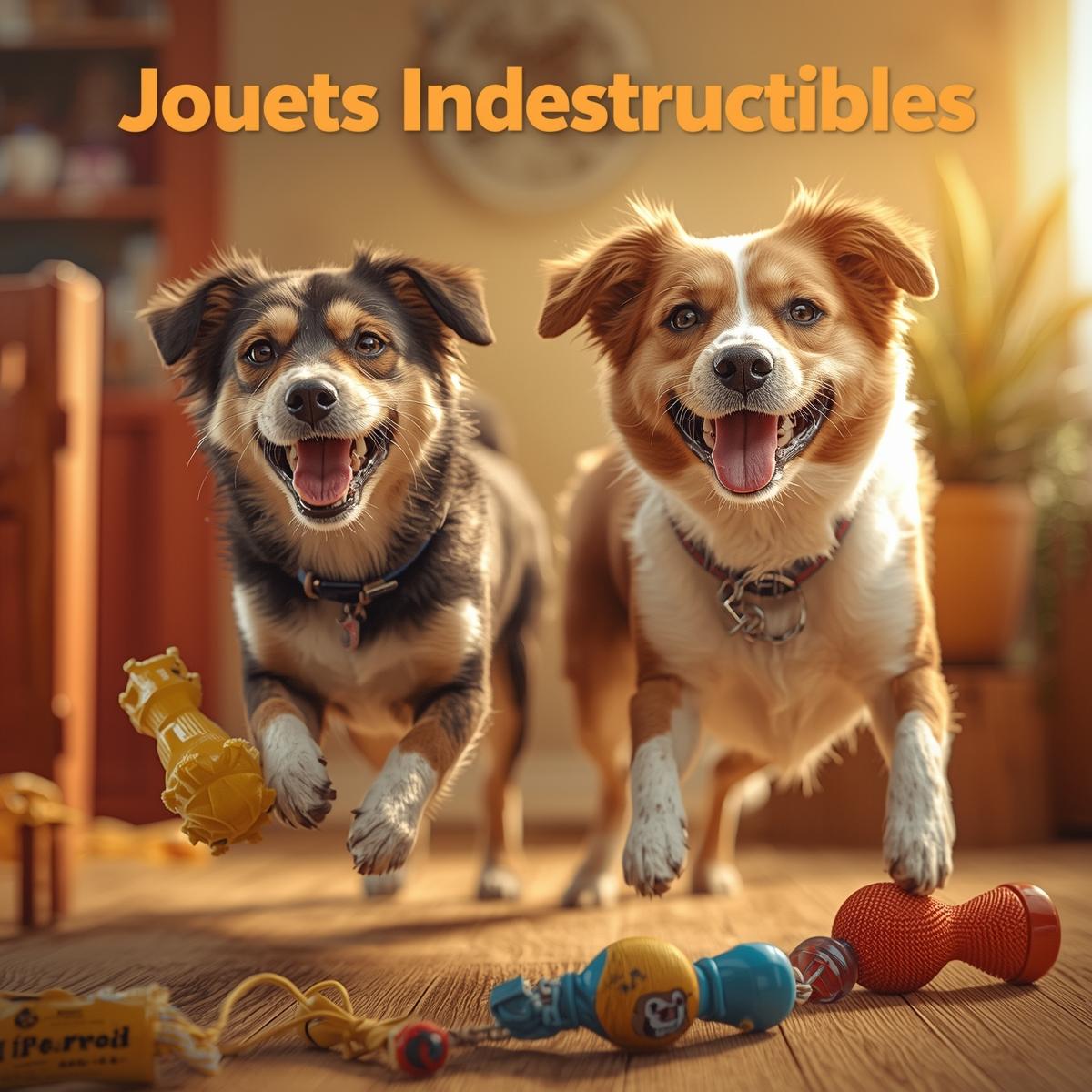 Jouet indestructible pour chien dans une scène joyeuse et colorée.