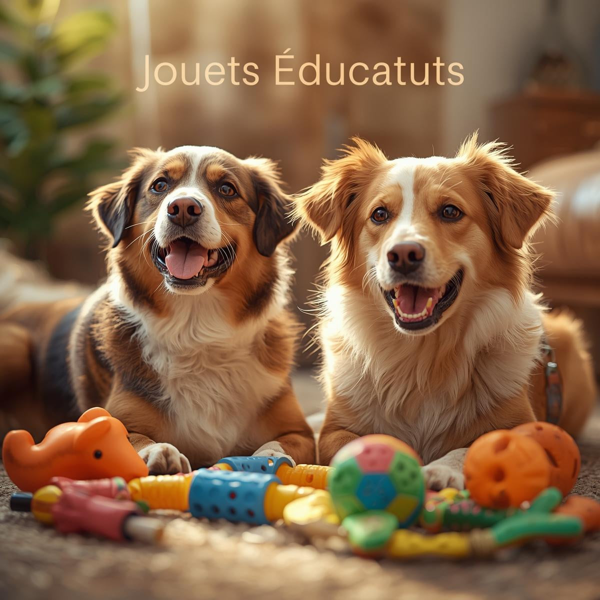 Jouet éducatif pour chien dans une scène chaleureuse et colorée.