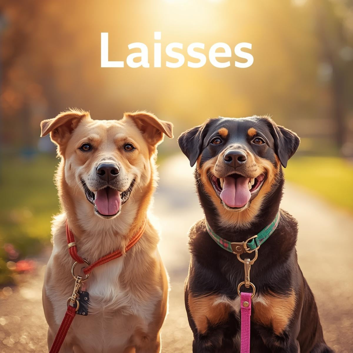 Laisses et longes pour chien dans un décor chaleureux et joyeux.