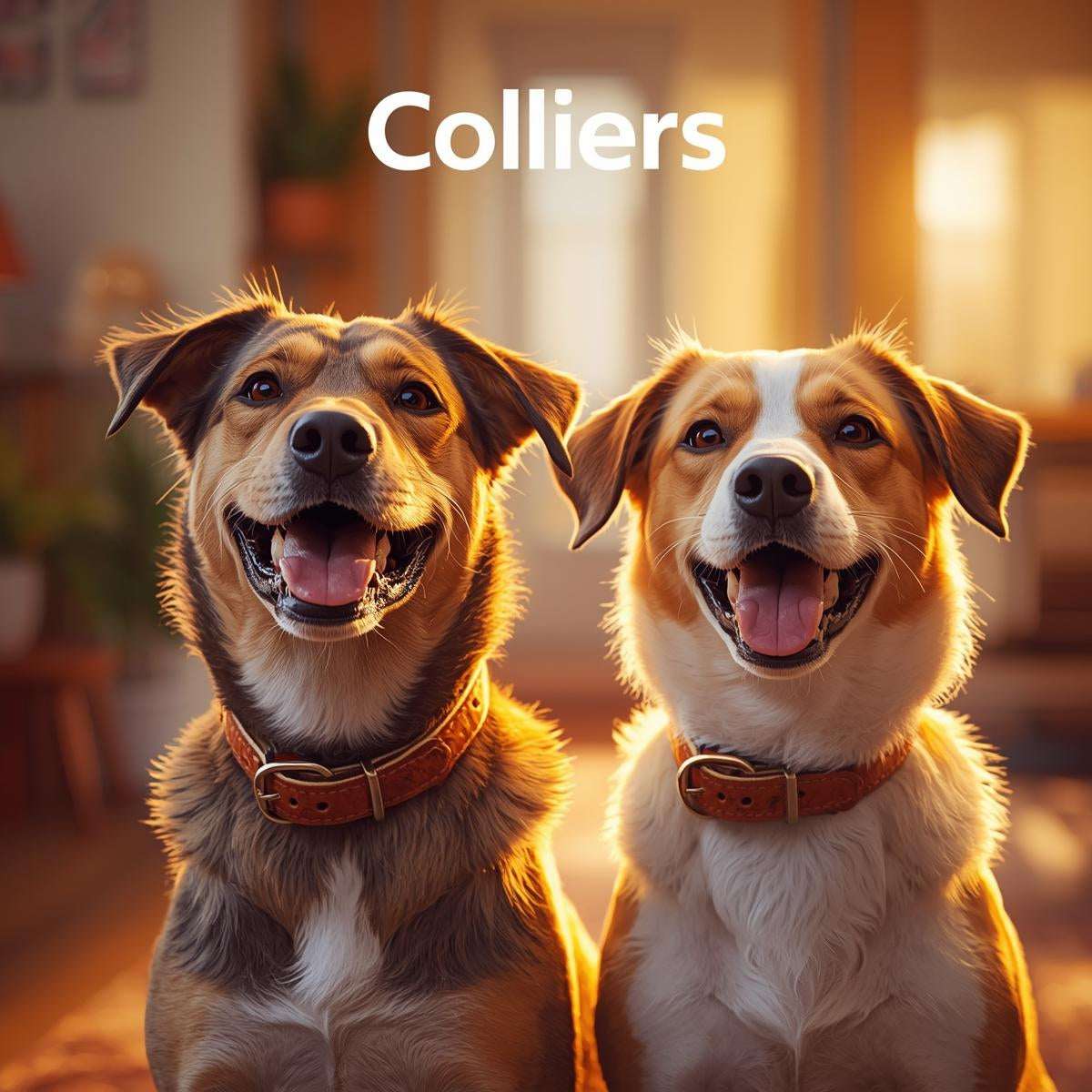 Collier pour chien dans un décor chaleureux et joyeux.