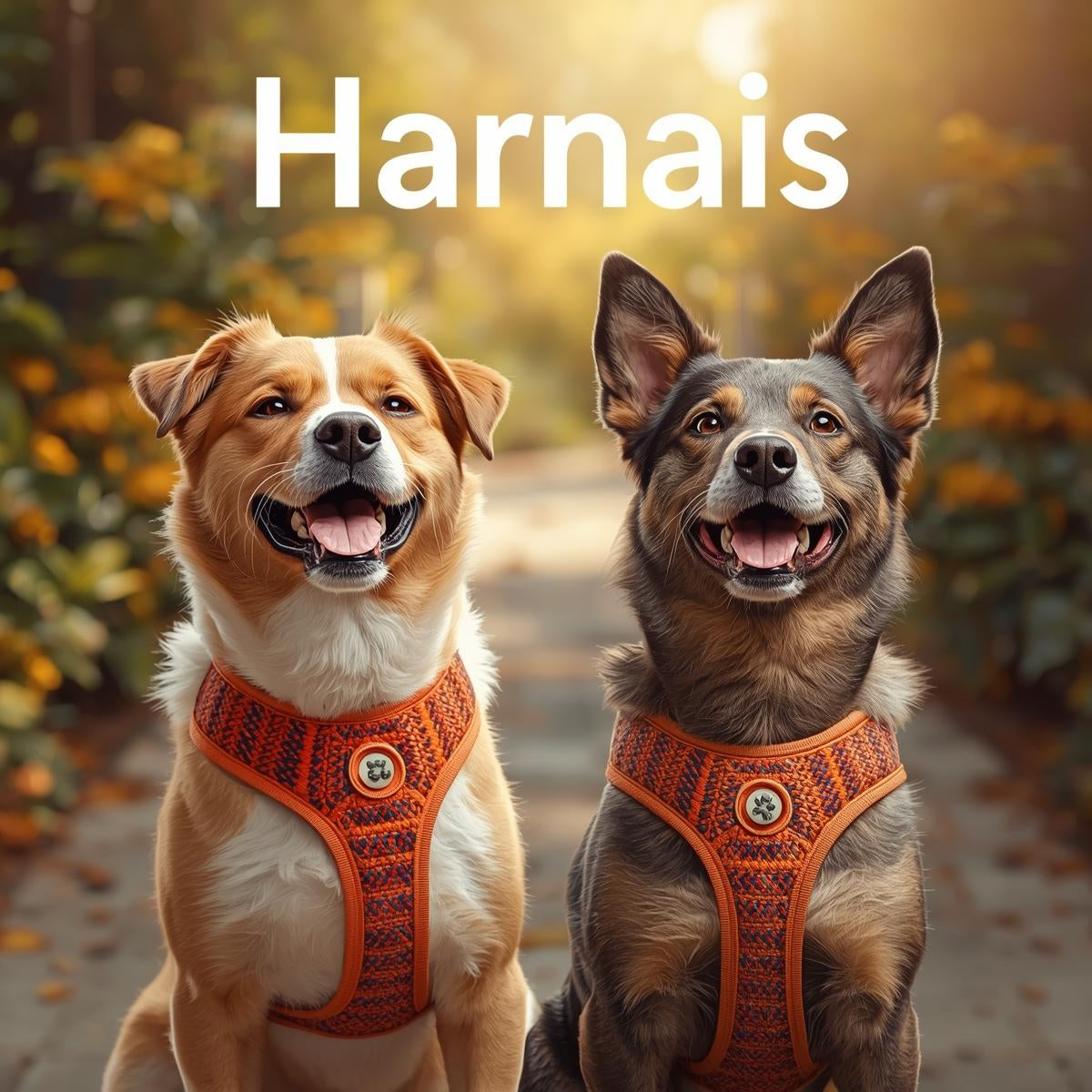 Harnais pour chien dans un décor chaleureux et coloré.
