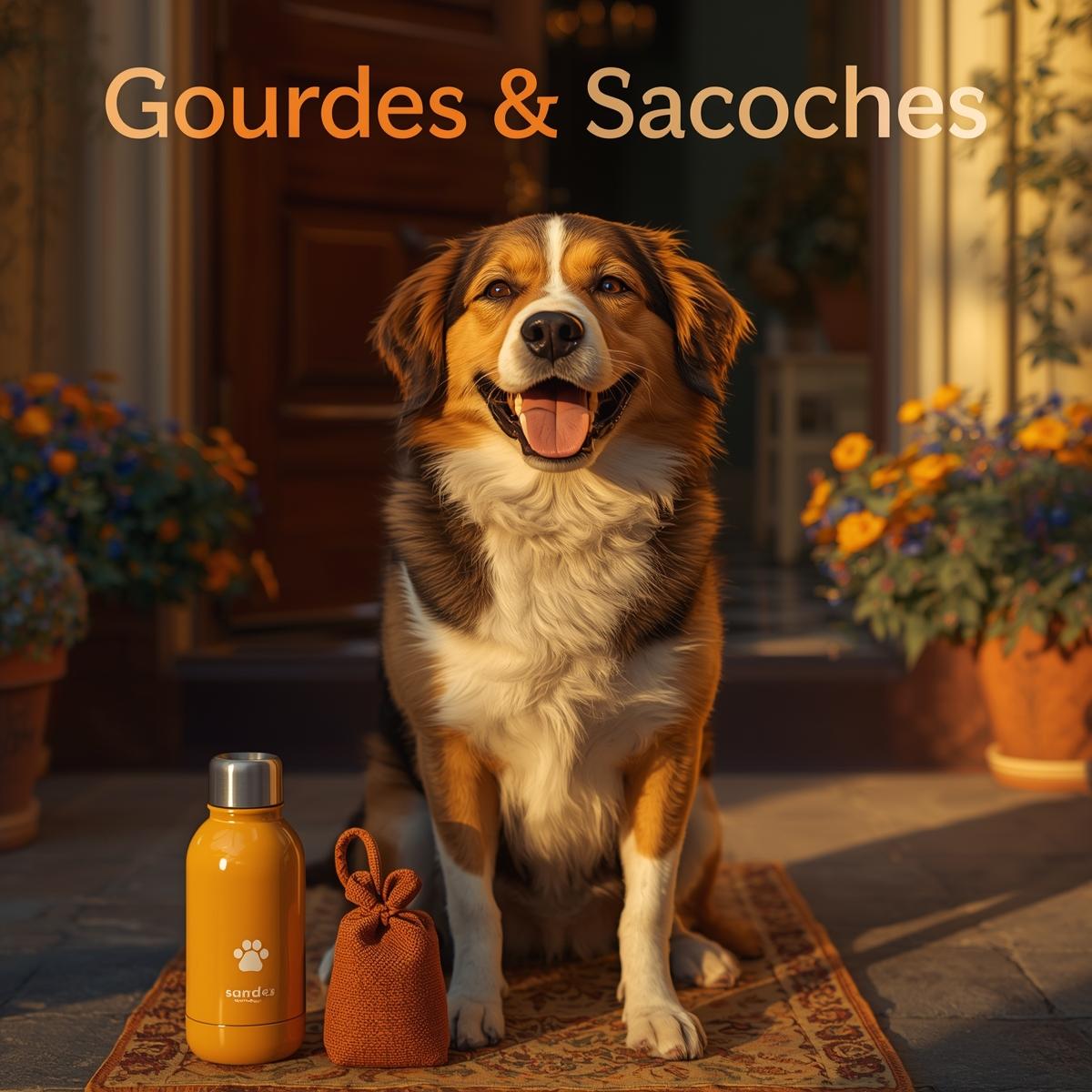 Gourde et sacoche de promenade pour chien dans un décor chaud et joyeux.