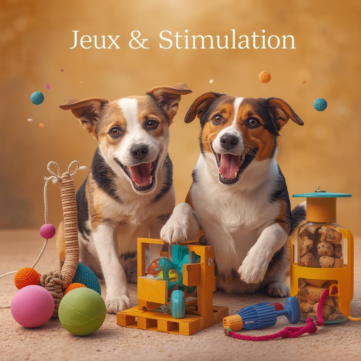 Jouets et jeux de stimulation pour chien dans un décor chaleureux.