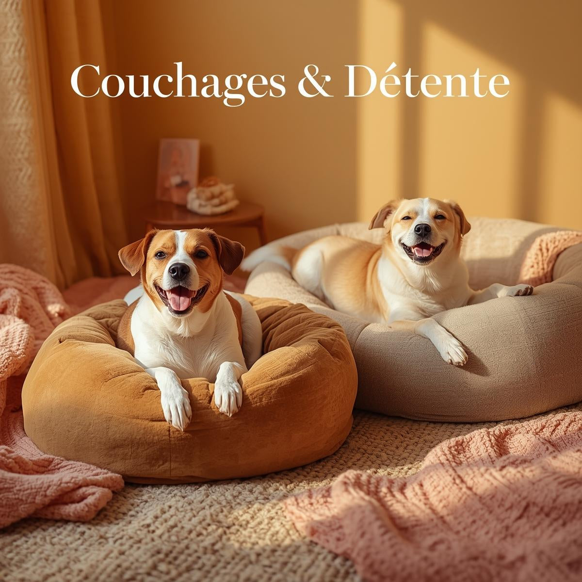 Couchage confortable pour chien dans un intérieur chaleureux et élégant.