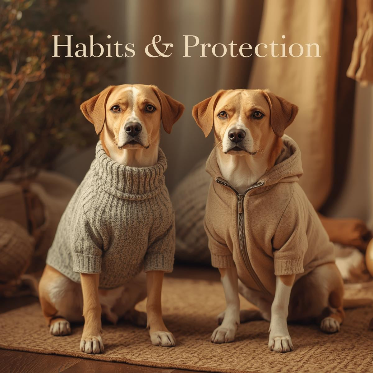 Vêtements pour chien : manteaux et pulls dans un décor chaleureux et naturel.