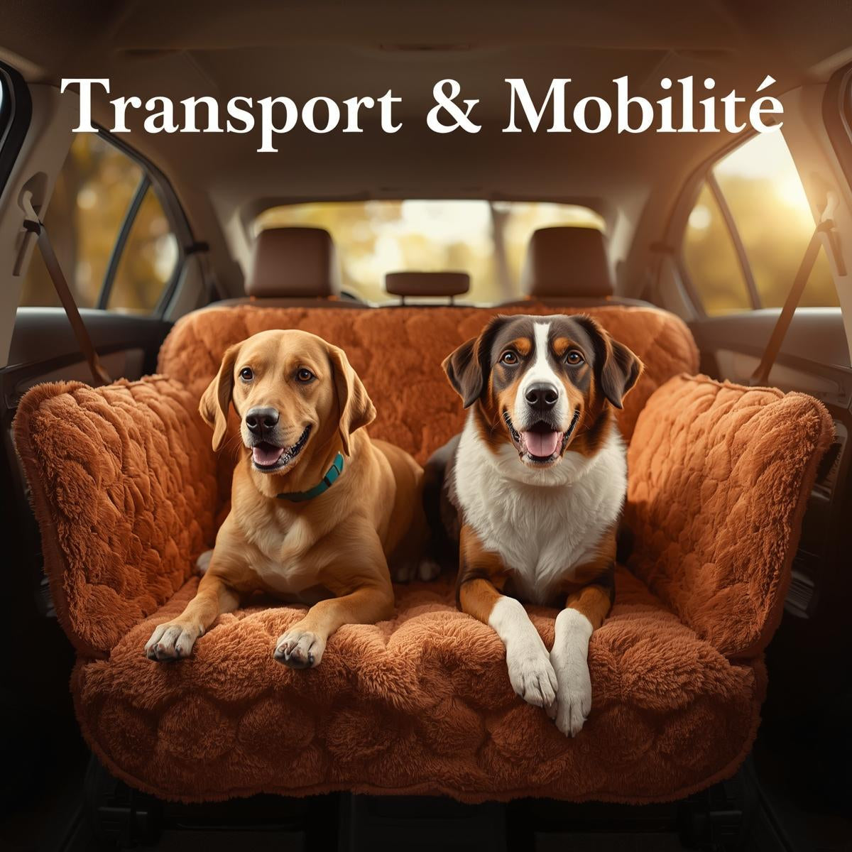 Accessoires de transport pour chien : protection de voiture dans un décor chaleureux.