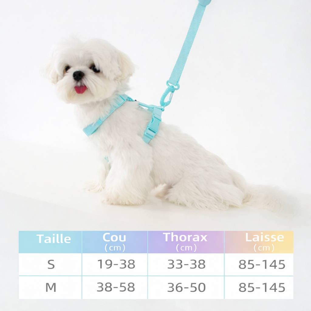 Harnais ajustable avec laisse – Coloris macaron pour chien