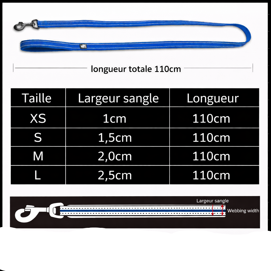 Laisse pour chien rembourrée et réfléchissante – Longueur 110 cm