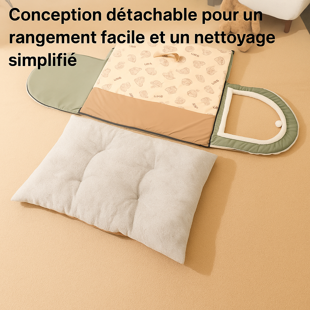 Coussin moelleux et structure du dôme démontée pour montrer la facilité d’entretien.