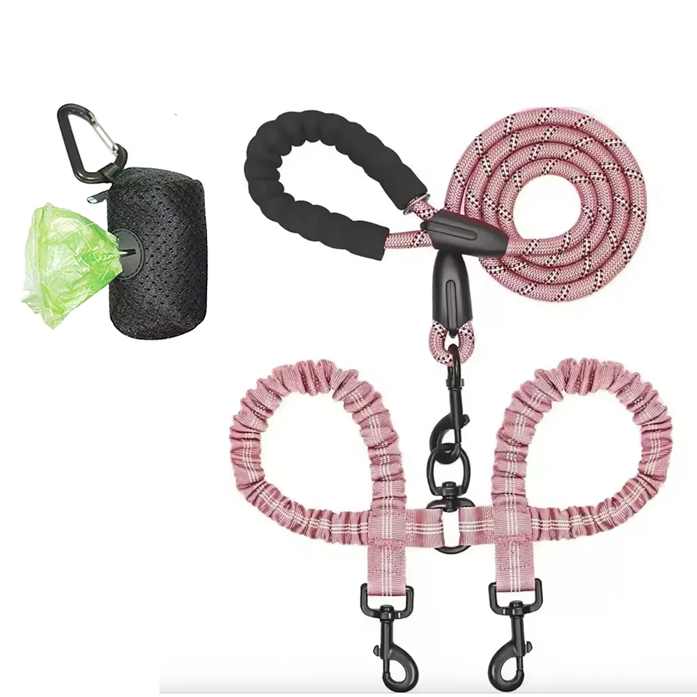 Laisse double en nylon pour deux chiens – Avec amortisseur