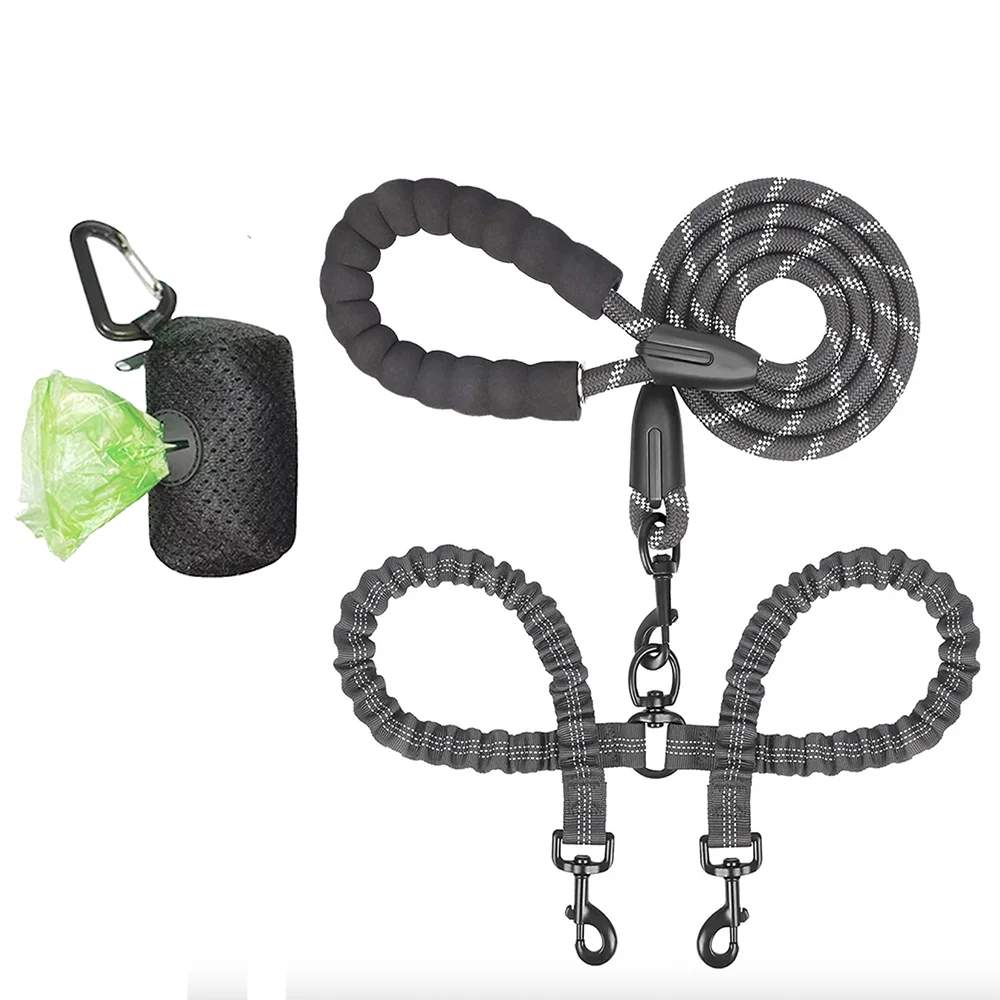 Laisse double en nylon pour deux chiens – Avec amortisseur