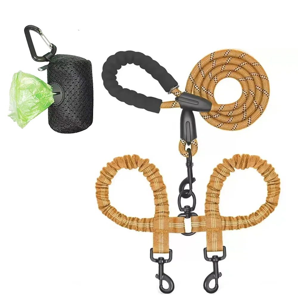 Laisse double en nylon pour deux chiens – Avec amortisseur