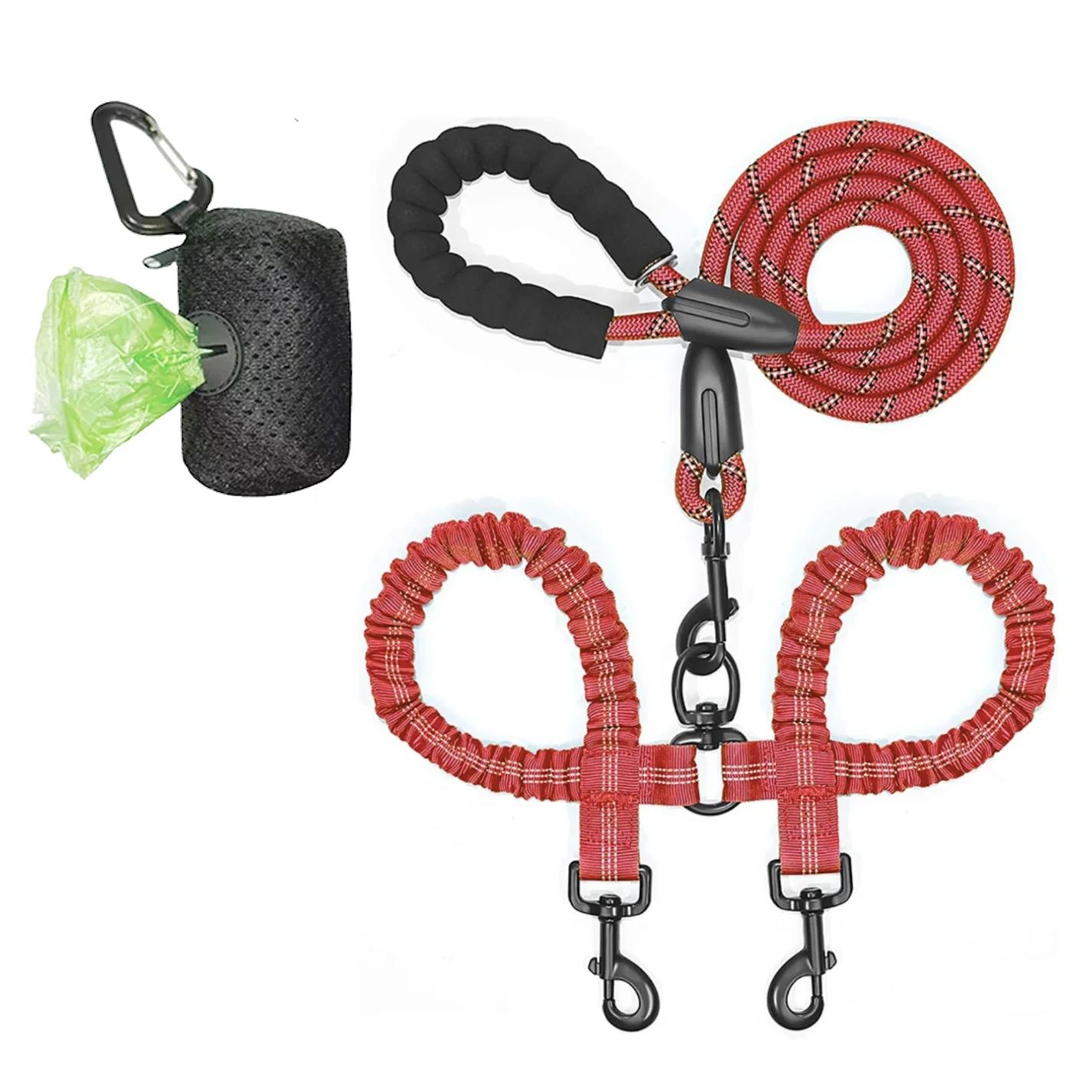 Laisse double en nylon pour deux chiens – Avec amortisseur