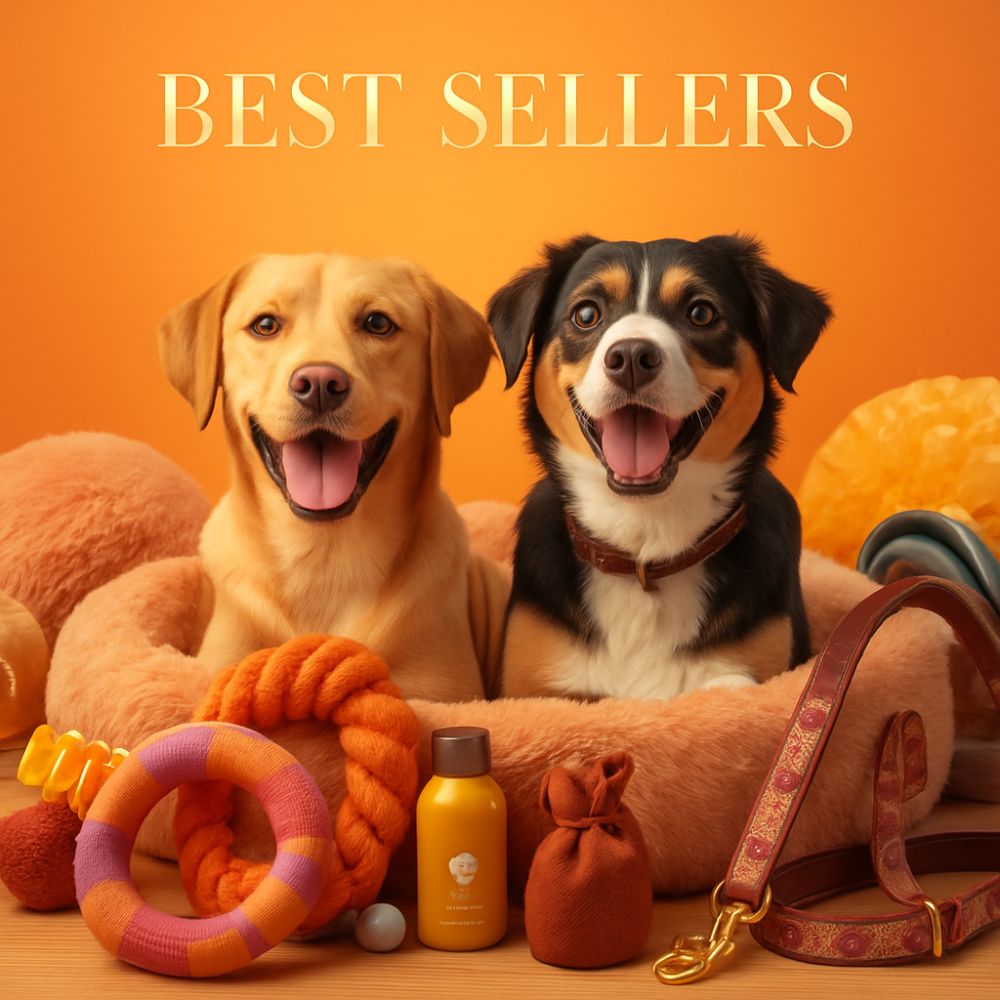 Deux chiens entourés des produits les plus populaires de la boutique. Image représentant la sélection Best Sellers regroupant les articles les plus appréciés par les clients.