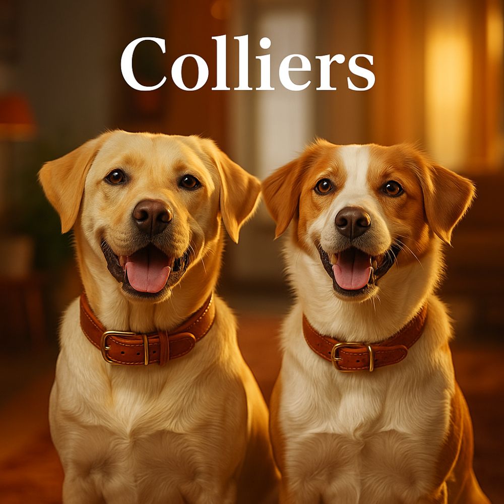 Deux chiens présentant différents colliers dans un décor cosy. Cette image illustre la collection de colliers pour chien alliant style, confort et durabilité.