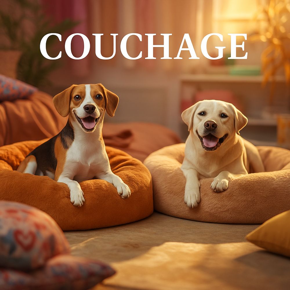 Deux chiens installés dans des couchages moelleux, dans un salon lumineux et cosy. Image représentant la collection dédiée à la détente et au confort des chiens, pensée pour leur bien-être quotidien.