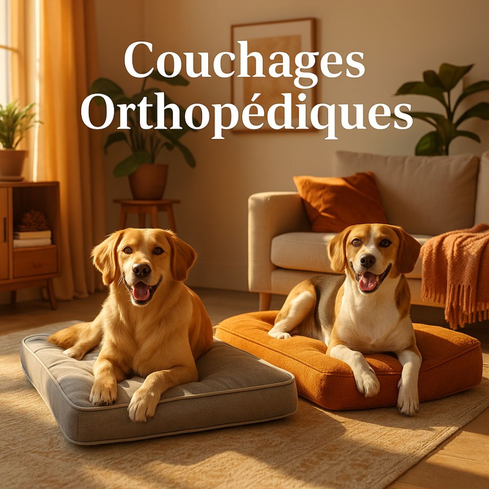 Deux chiens posés sur des couchages orthopédiques offrant un maintien optimal. Image illustrant une collection pensée pour soulager les articulations et améliorer le confort des chiens seniors ou sensibles.