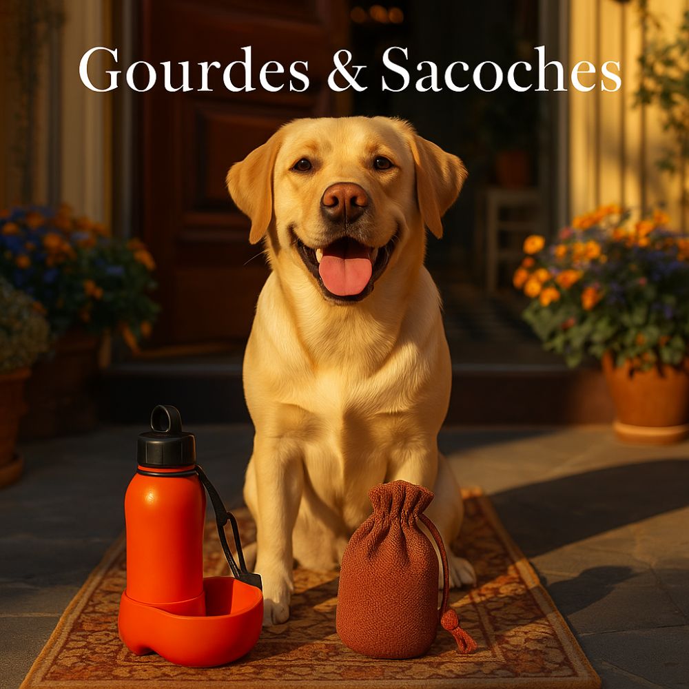 Deux chiens posés à côté de gourdes et sacoches conçues pour les sorties. Image mettant en avant des accessoires pratiques pour hydrater et transporter facilement les affaires du chien.