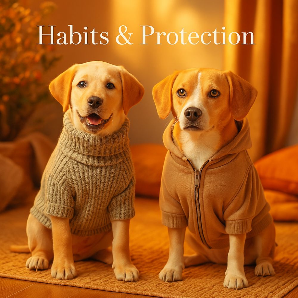 Deux chiens portant des habits et protections utiles pour les sorties. L’image illustre une collection pensée pour le confort, la météo et la sécurité des chiens.