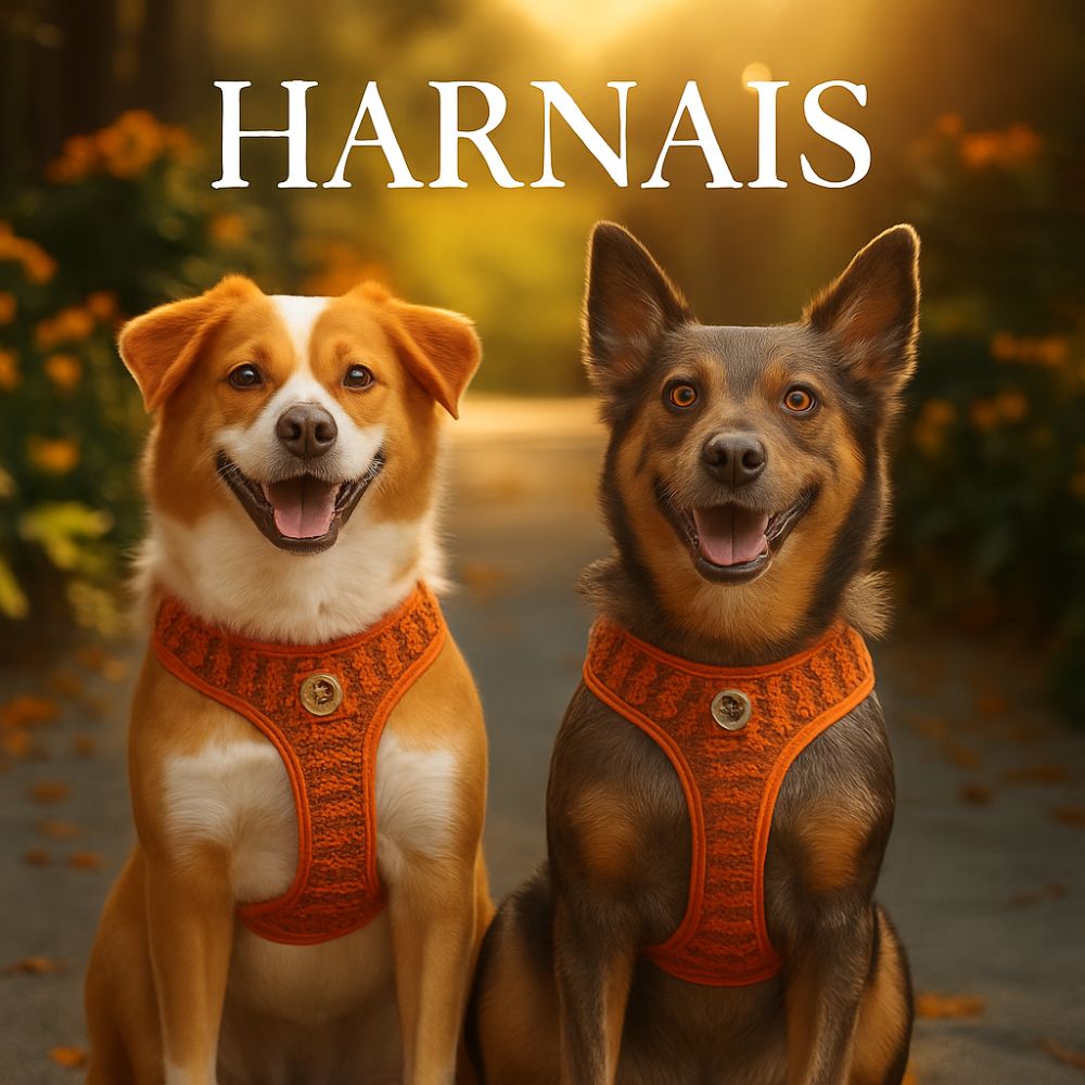 Deux chiens portant des harnais ergonomiques conçus pour améliorer le confort et la sécurité lors des promenades. Image représentant une collection moderne, ajustable et résistante.