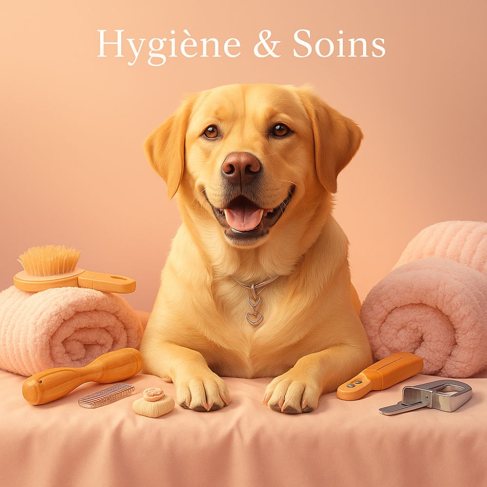 Deux chiens entourés d’accessoires d’hygiène et de soins essentiels. Scène illustrant une collection dédiée au bien-être, à la propreté et à l’entretien quotidien du chien.