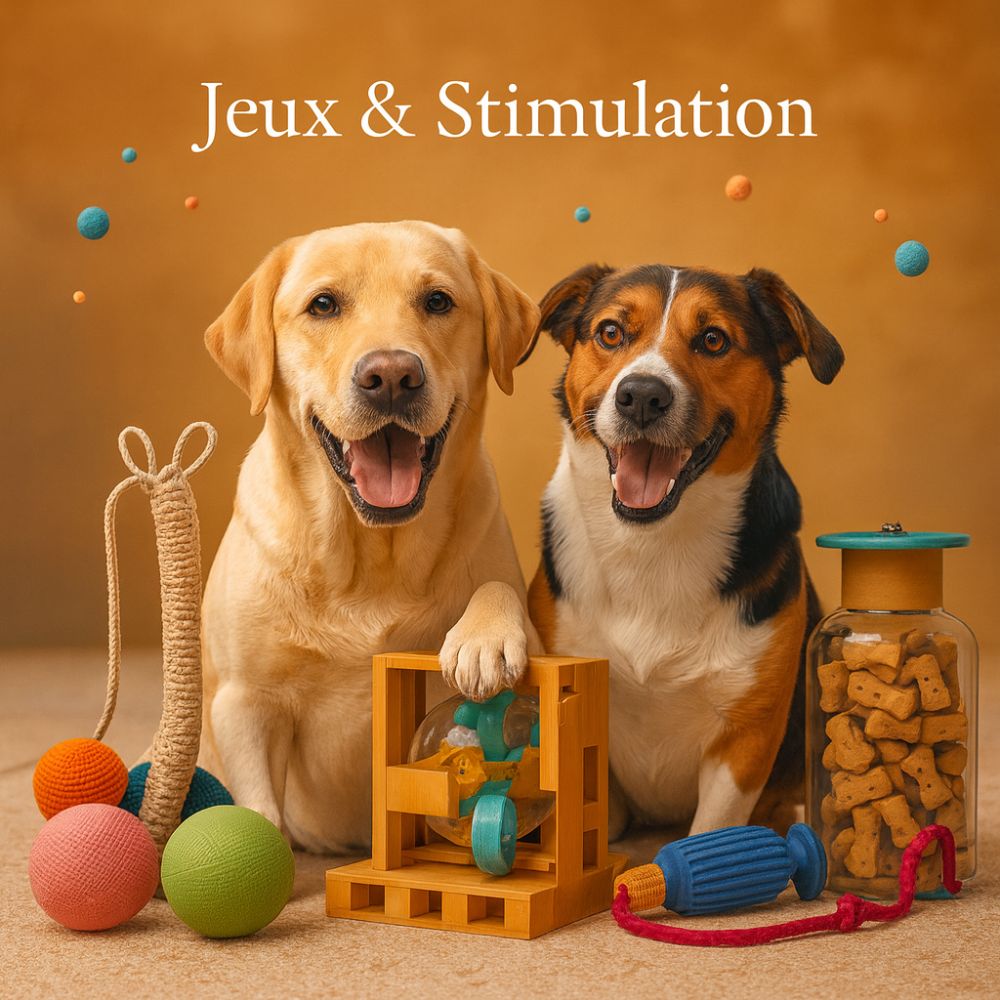 Deux chiens jouant avec des jouets interactifs dans un décor chaleureux. Cette image représente la collection de jouets visant à stimuler l’intelligence, l’activité et le plaisir du chien.