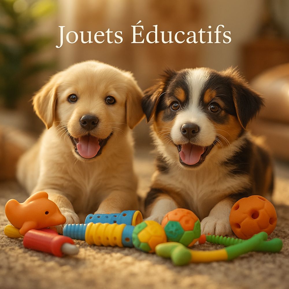 Deux chiens explorant des jouets éducatifs destinés à développer leur intelligence et leur curiosité. Image mettant en avant une collection stimulante et enrichissante.
